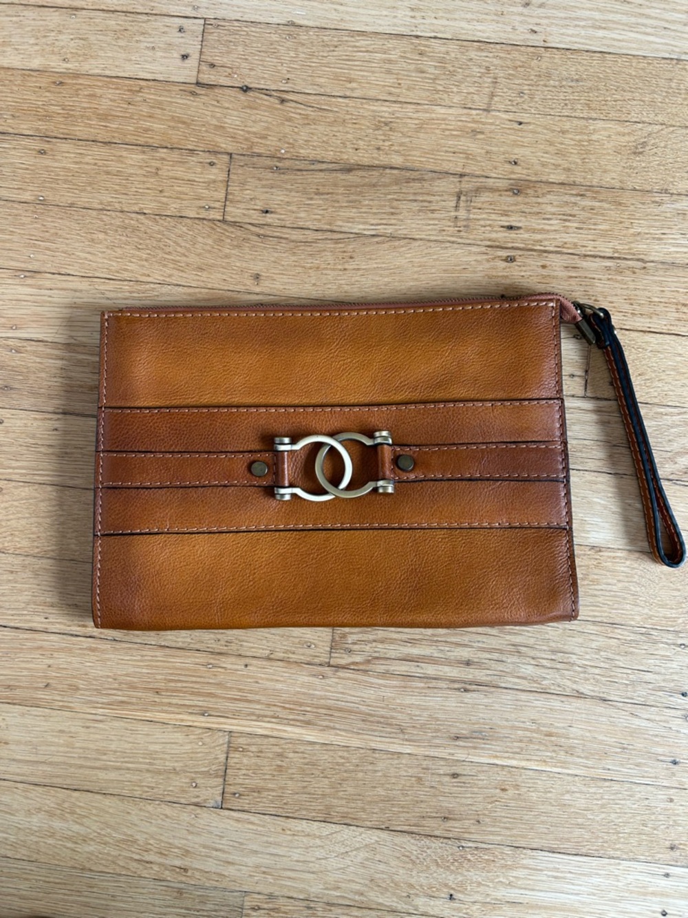 Leather Wristlet Clutch in Tan with Interlocking Metal Accent